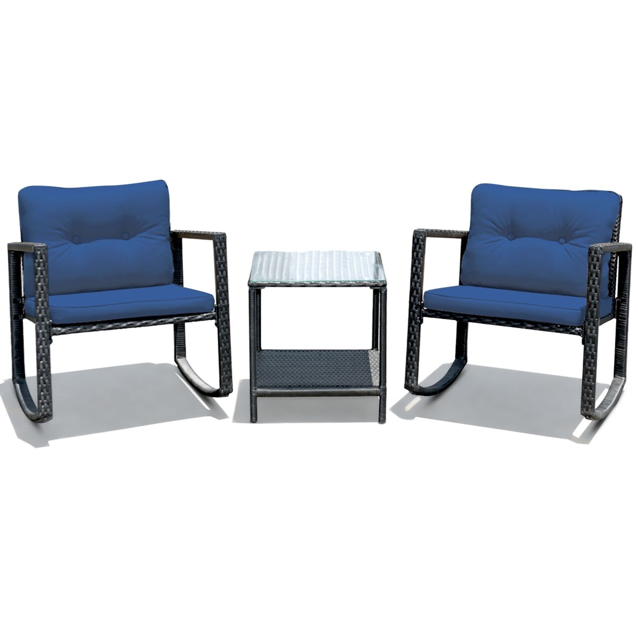 3 Pieces Wicker Rocking Bistro Set with Glass Coffee Table and Storage Shelf